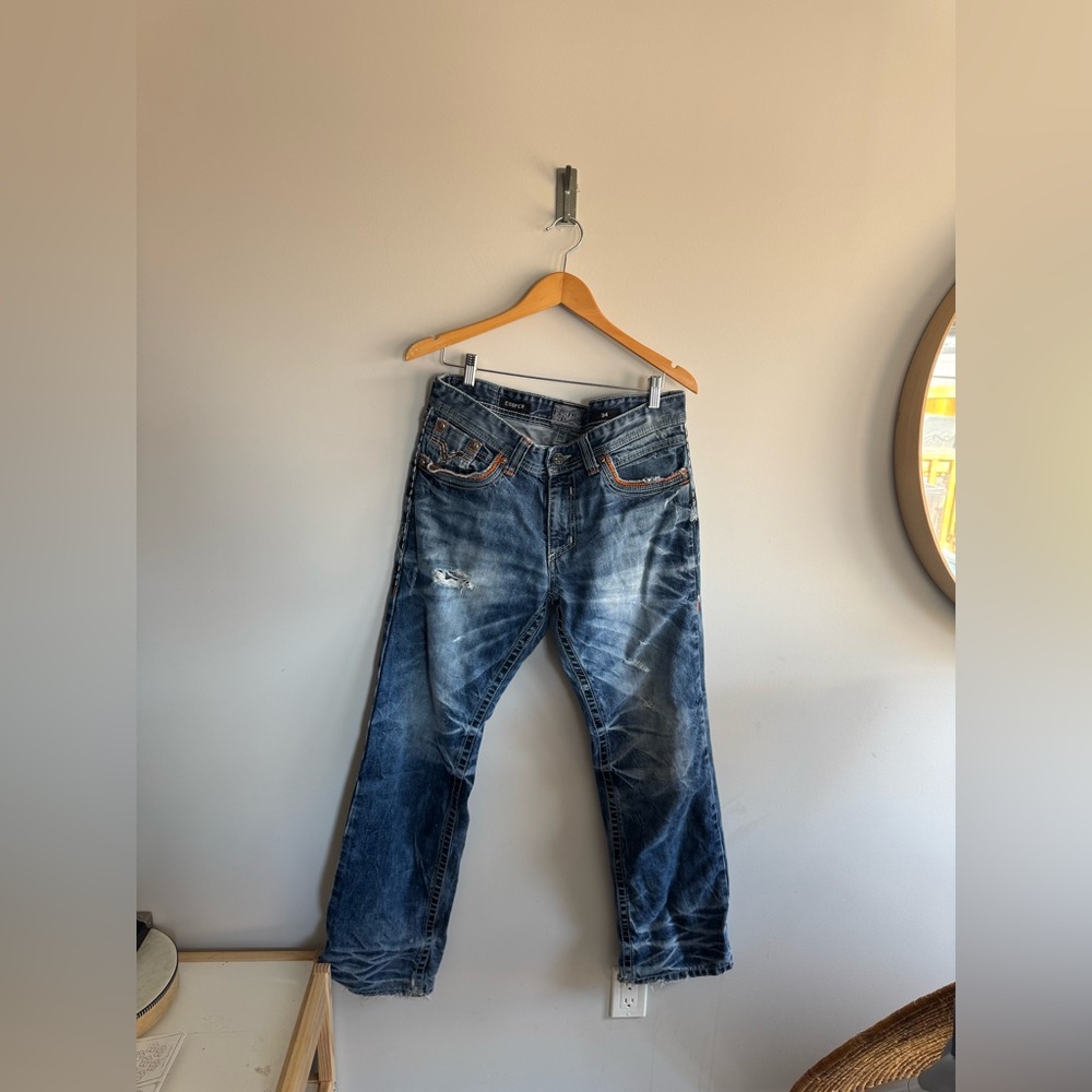 Affliction cooper men’s 34 Relaxed Blue Jeans with Vintage Distressed Look